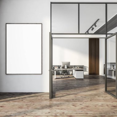 Parlak ofis odası içi içi boş beyaz poster, masaüstü, koltuk, masa, kitap rafları ve meşe ağacından zemin. CEO çalışma alanı kavramı. Çalışma süreci için mükemmel bir yer. 3d oluşturma