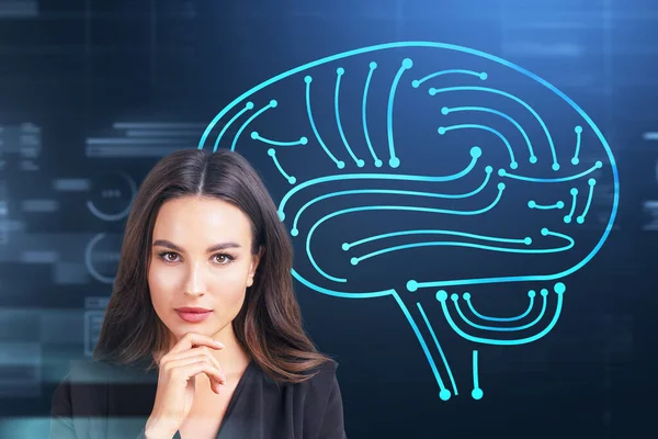Thoughtful businesswoman wearing formal suit is touching chin with her hand. Digital interface with hologram of virtual large brain in the foreground. Concept of future technology