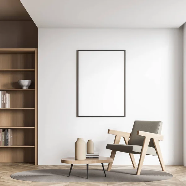 座位区域内的空框架 只有一个扶手椅 客厅的设计 使用了一面白色的墙 一张咖啡桌 一块地毯和一个餐篮地板 把它弄坏了现代住宅的概念 3D渲染 — 图库照片