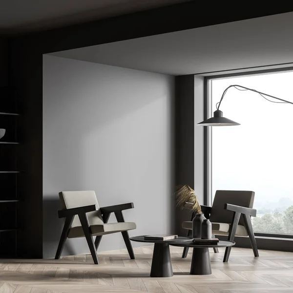 Corner of the panoramic living room seating. Two easy armchairs with a coffee table and a lamp. On trend design, using a grey colour and a parquet. A concept of a modern house interior. 3d rendering