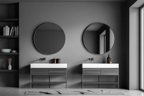 Mur Salle Bain Avec Deux Miroirs Ronds Sur Deux Vanités — Photo