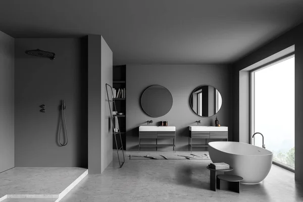 Interior Baño Panorámico Gris Oscuro Con Cabina Ducha Espejos Redondos — Foto de Stock