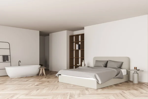 空の壁 大きなベッドルーム バスタブ コーヒーテーブル オーク材の寄木細工の床と明るいベッドルームのインテリア 寒さとリラクゼーションのためのスカンディナヴィアのミニマリストデザインの概念 3Dレンダリング — ストック写真