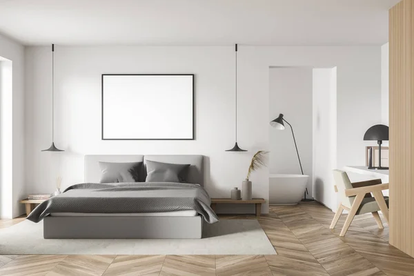 Horizontal canvas in the white bedroom interior with a grey bed, a parquet floor and a bathroom on the background. A concept of modern hotel design. Mock up. 3d rendering