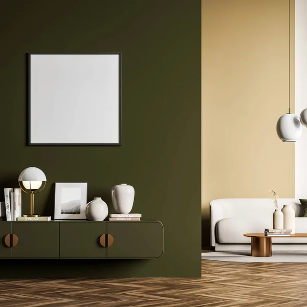 Living room interior with green wall partition design, having a sideboard and an empty square frame. Sofa with pendant lamp on the background. Parquet. Mock up. Minimalist concept. 3d rendering