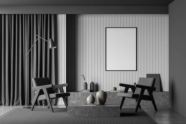 白い空のポスターと暗いリビングルームのインテリア 2つのアームチェア カーペット コーヒーテーブルとコンクリート床 寒さとリラクゼーションのためのミニマリストデザインの概念 モックアップ 3Dレンダリング — ストック写真