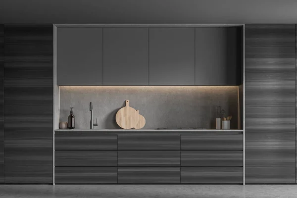 Moderno Interno Cucina Legno Scuro Con Armadi Alla Moda Una — Foto Stock