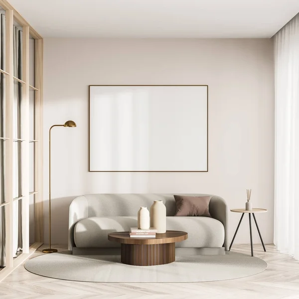흰색비어 포스터 테이블 실내의 휴식을 미니멀리즘적 디자인의 렌더링 — 스톡 사진