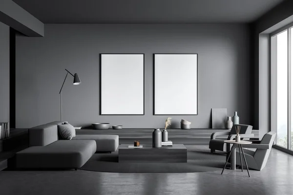 暗い灰色のリビングルームのインテリアに2つの空のキャンバス きちんとした詳細とモダンなスタイル トレンドハウスデザインのコンセプト モックアップ 3Dレンダリング — ストック写真