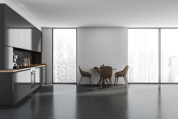 パノラマの窓 椅子付きのダイニングテーブル コーヒーマシン コンクリート床付きの黒い暗いキッチンルームのインテリア 現代的なミニマリストデザイン 創造的なアイデアのための空白のスペース 3Dレンダリング — ストック写真