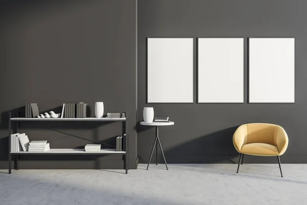 Dark gallery room interior with three white empty posters on black wall, panoramic window, armchair and concrete floor. Concept of minimalist design for chill and relaxation. Mock up. 3d rendering