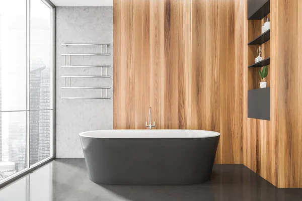 Bathroom Dark Grey Bathtub Standing Concrete Flooring Modern Interior City — Stock Photo, Image