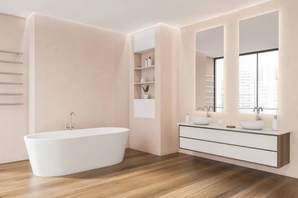 楕円形の白いセラミックバスタブ 二重虚栄心 壁に2つの鏡 角の棚 暗い木の床を持つピンクのバスルームのインテリア 現代的なアパートデザインのコンセプト 3Dレンダリング — ストック写真