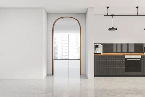 Archway Next Panoramic Area White Kitchen Interior Textured Black Cabinets — Stock Photo, Image