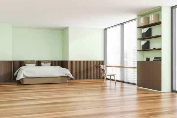 Interior Design Trendy Bedroom Soft Shade Green Wood Floor Comfortable — Stock Photo, Image