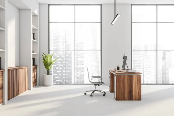 Side view on office room interior with panoramic window with city skyscraper view, desktop, armchair, white wall, desk, bookshelves and concrete floor. Perfect place for working process. 3d rendering