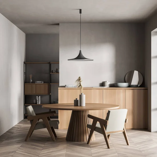 Design Intérieur Bois Beige Gris Ayant Une Table Ronde Avec — Photo