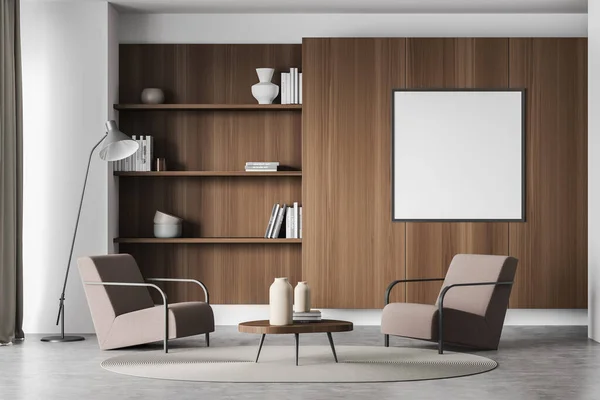 Empty square canvas on dark wood book cabinet in a living room interior with brown armchairs, a coffee table and a concrete floor. Mock up. A concept of modern house design. 3d rendering