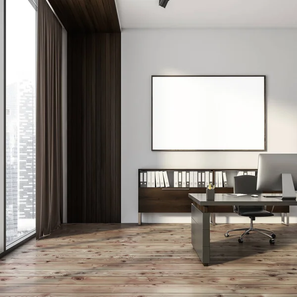 Bright Office Interior Empty White Poster Panoramic Window Desktop Armchair — Stock Photo, Image