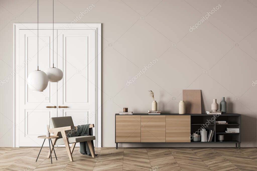 Bright living room interior with empty wall, armchair, doors, coffee table, sideboard and oak wooden parquet floor. Concept of minimalist design for chill and relaxation. 3d rendering