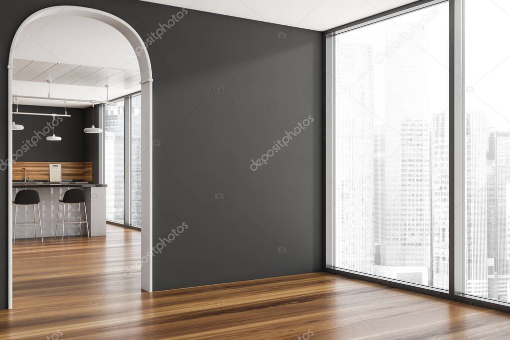 Corner of the grey interior with an archway, a floor-to-ceiling window, an empty wall and a stylish kitchenroom on the background. A concept of modern apartment design. 3d rendering