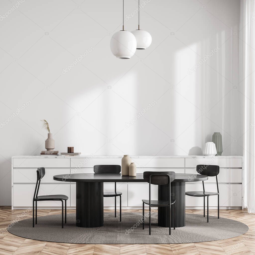 Bright living room interior with four chairs, dining table, sideboard, carpet, curtain and oak wooden parquet floor. Concept of minimalist design. Comfortable place for meeting. 3d rendering