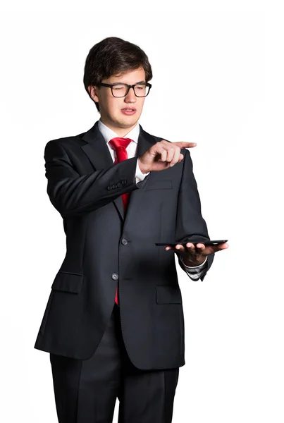 Businessman points finger — Stock Photo, Image