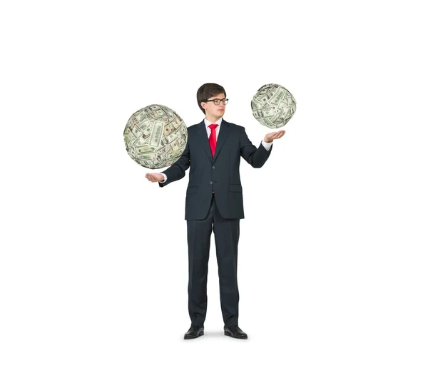 Hombre de negocios sosteniendo esfera dólar — Foto de Stock