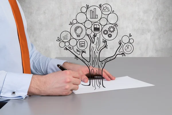 Business man drawing business tree — стоковое фото