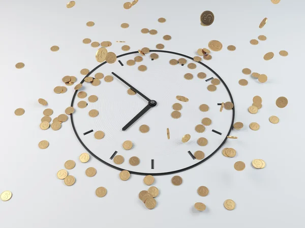 Monedas y reloj, 3d render — Foto de Stock