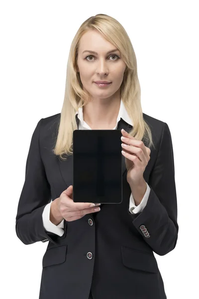 Woman holding blank tablet — Stock Photo, Image