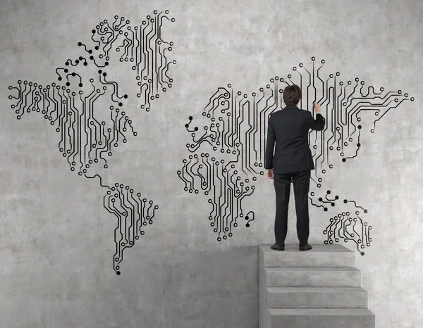 Hombre de negocios dibujo web mapa del mundo — Foto de Stock