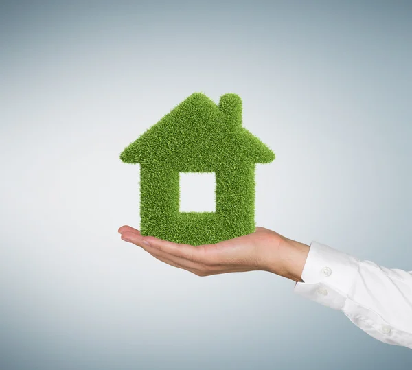 Hand som håller grönt gräs hus — Stockfoto