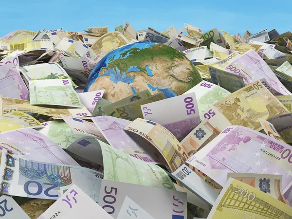 Globe and many euro bills — Stock Photo, Image