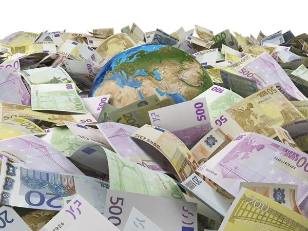 Globe and many euro bills — Stock Photo, Image