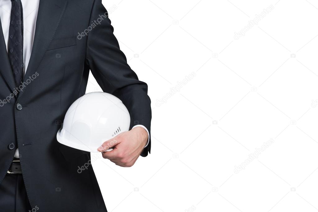 engineer holding white helmet