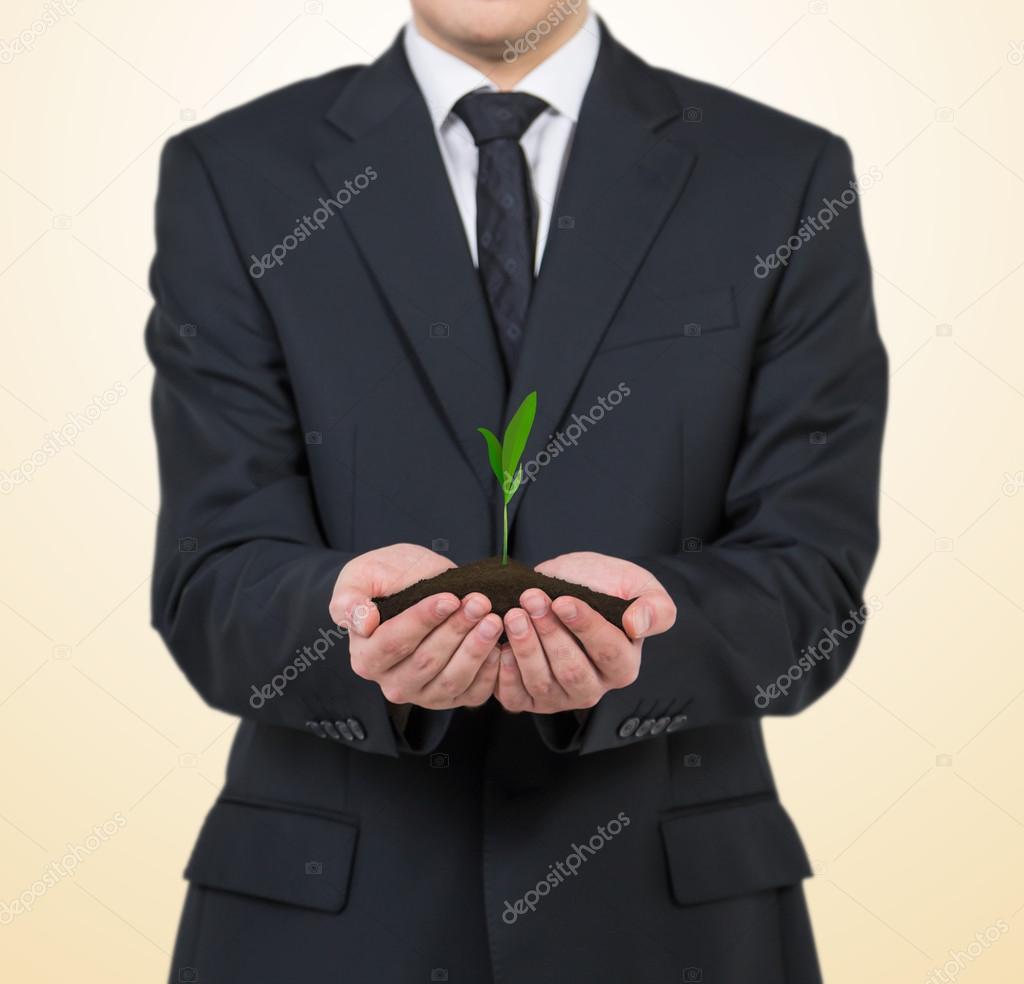 businessman holding plant