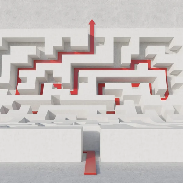 Labyrint böj med röd pil — Stockfoto