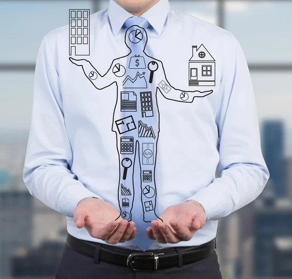 Businessman holding drawing man — Stock Photo, Image