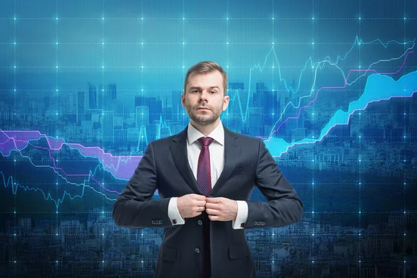 Trader businessman stand over stock market screen — Stock Photo, Image