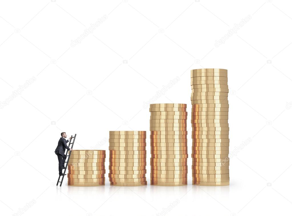 Businessman is climbing to the financial success. Isolated on white