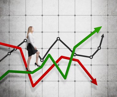 Young woman is going up to the line graph clipart