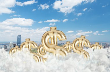 Altın dolar işaretleri üzerinden New York Central Park'ta bulutlarda uçuyor