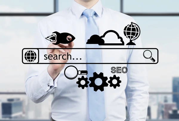 파노라마에 사업 인터넷 검색 바와 다른 아이콘 그림입니다. 사업 관리 프로세스의 개념. — 스톡 사진
