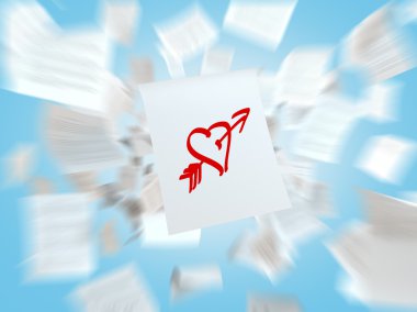 A sketch of the heart with the love arrow on the white flying paper. A concept of the romantic relationships.