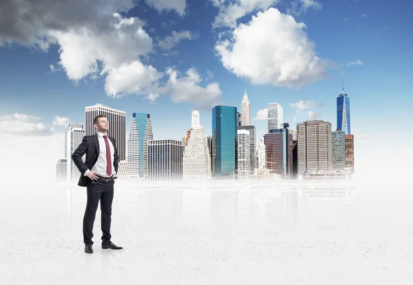 Confident handsome businessman is going to tackle with problems in drawn New York business district. A concept of financial consultancy.