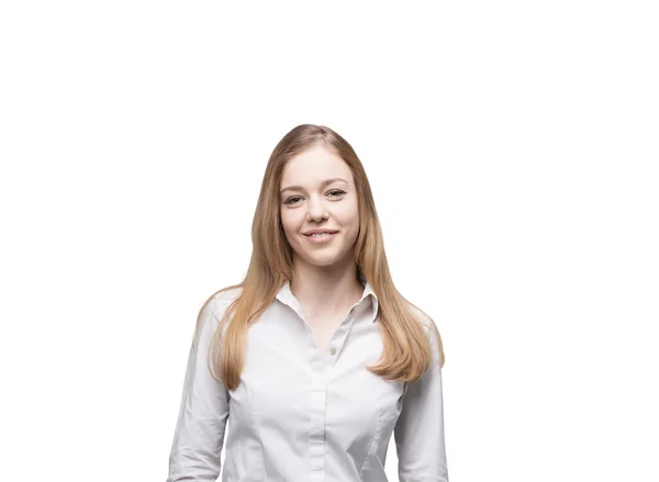 Smiling young beautiful business lady in a formal white shirt. Isolated on white background. — Zdjęcie stockowe