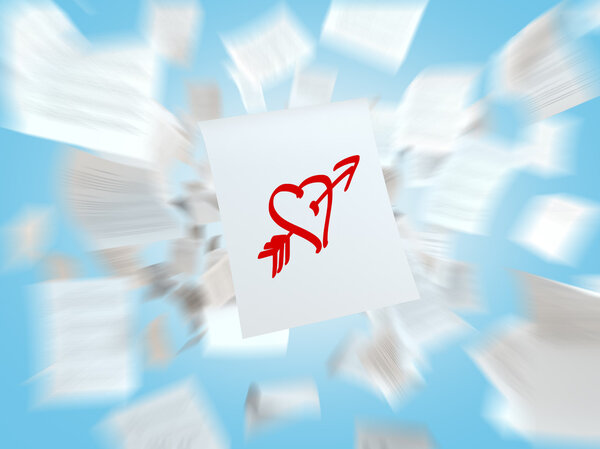 Эскиз сердца со стрелой любви на белой летающей бумаге. Концепция романтических отношений
.