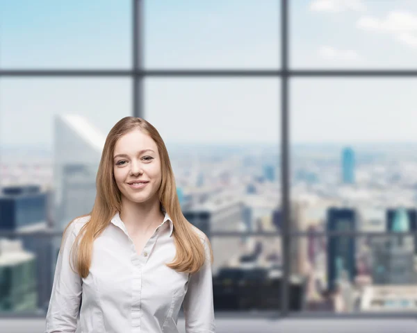 Young beautiful business lady is smiling in the panoramic glass office. New York background. A concept of internship. — 图库照片