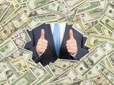 a man with thumbs up inside the US Dollar bills frame. All nominal bills both sides. Front and reverse. clipart